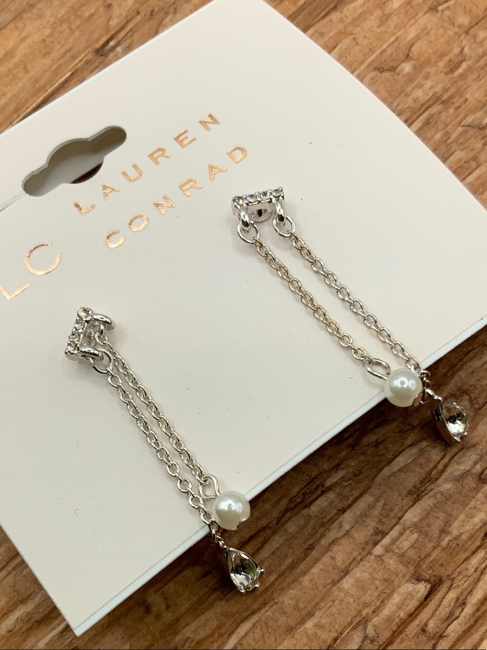 LC Lauren Conrad Silver Pearl & Crystal Teardrop Chain Earrings